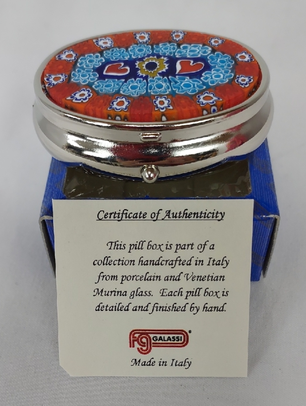 Galassi Italian Murano Glass Pill Box - Blue & Orange Floral Millefiori